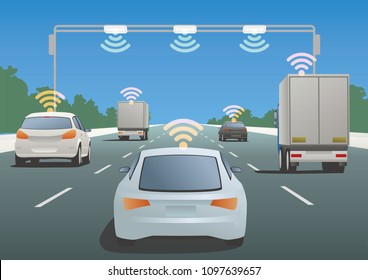 Highway communication system and vehicles, vector illustration