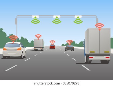 Highway communication system and vehicles, vector illustration