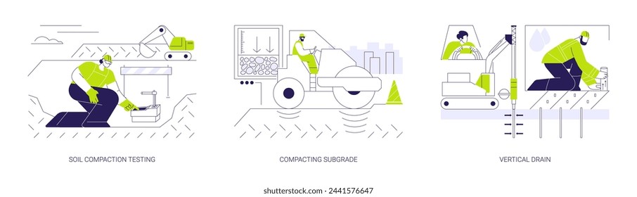 Conjunto de ilustración vectorial de concepto abstracto de construcción de carreteras. Ensayos de compactación del suelo, subgrado de compactación, drenaje vertical, ingeniería de carreteras, construcción de infraestructura metáfora abstracta.