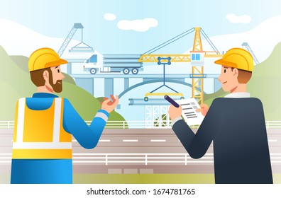 highway construction site check by field supervisor and manager vector illustration. used for info graphic, landing page and other.