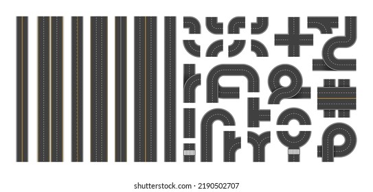 Highway constructor. Top view of city road segments with marking, crossroad junctions intersections and circles, aerial view of asphalt street from above. Vector set. Town map pathway parts