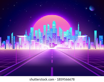 Highway to Cyberpunk futuristic town. Neon retro city landscape. Sci-fi background abstract digital architecture. Vector illustration