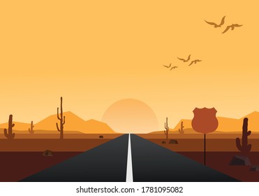 The highway in the desert at dusk and the surrounding cactus plants