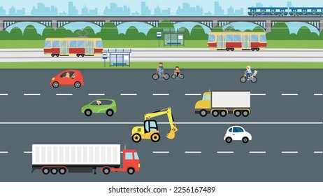 Highway with different modes of transport and railway with subway train
