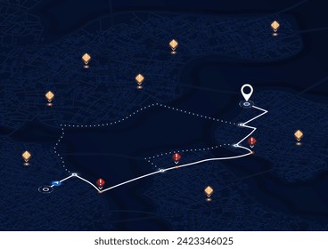 Highway disruptions. Accident road. Closed turns of the route, road. Traffic detours on isometric map. Location tracks dashboard. Generic city map with signs of streets. Vector illustration