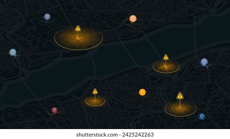 Highway disruptions. Accident road. Closed turns of the route, road. Traffic detours on isometric map. Location tracks dashboard. Generic city map with signs of streets. Vector illustration