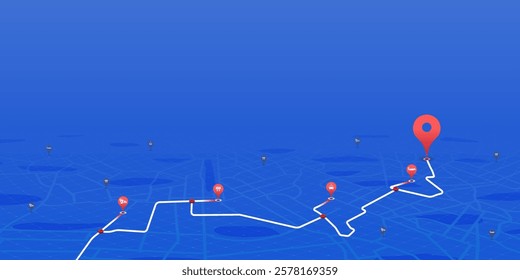 Highway disruptions. Accident road. Closed turns of the route, road. Traffic detours on perspective map. Location tracks dashboard. Generic city map with signs of streets. Vector illustration