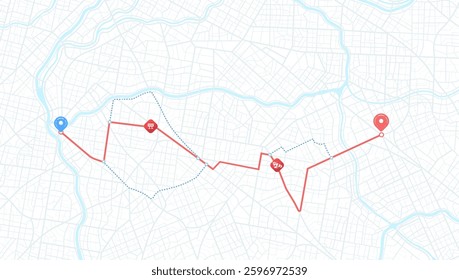 Highway disruptions. Accident road. Closed turns of the route, road. Traffic detours on perspective map. Location tracks dashboard. Generic city map with signs of streets. Vector illustration