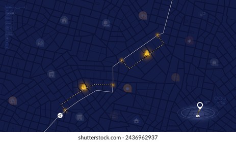 Highway disruptions. Accident road. GPS navigator screen with signs of streets. Closed turns of the route, road. Traffic detours on isometric map. Location tracks dashboard. Vector illustration