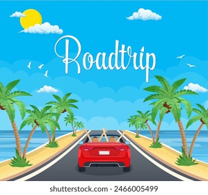 autovía con hermoso paisaje en una playa con palmeras. Turismo de verano, viajes. Vista del coche de viaje. feliz pareja libre en el coche conduciendo con los brazos en alto. Ilustración vectorial en diseño plano