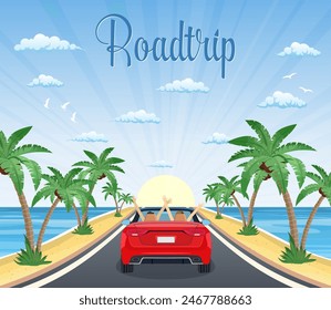 highway drive with beautiful landscape on a beach with palms. Summer tourism, travel. Travel road car view. happy free couple in car driving with arms raised. vector illustration in flat design