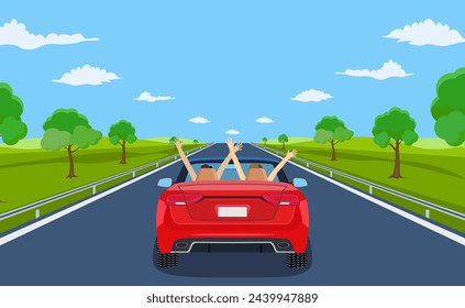 highway drive with beautiful landscape. Travel road car view. Road with car. highway with panoramic views. happy free couple in car driving with arms raised. vector illustration in flat design