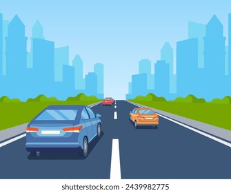 highway drive with beautiful landscape. Travel road car view. Road with cars leading to the city.. City traffic on highway with panoramic views vector illustration in flat design