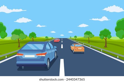 highway drive with beautiful landscape. Travel road car view. Road with cars. City traffic on highway with panoramic views vector illustration in flat design