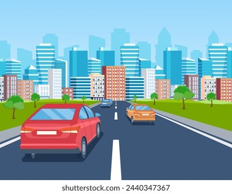 highway drive with beautiful landscape. Travel road car view. Road with cars leading to the city.. City traffic on highway with panoramic views vector illustration in flat design