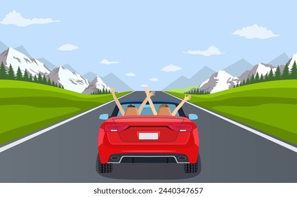 highway drive with beautiful landscape. Travel road car view. Road with car. highway with panoramic views. happy free couple in car driving with arms raised. vector illustration in flat design