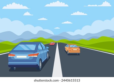 autovía con hermoso paisaje. Vista de coche de carretera de viaje. Carretera con coches. Tráfico de la ciudad en la carretera con vistas panorámicas ilustración vectorial en diseño plano