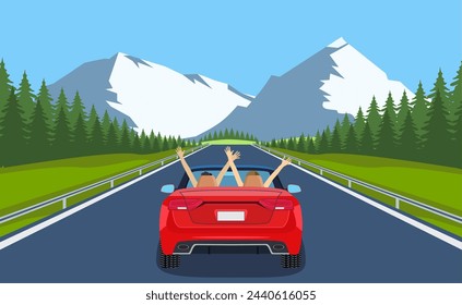 highway drive with beautiful landscape. Travel road car view. Road with car. highway with panoramic views. happy free couple in car driving with arms raised. vector illustration in flat design