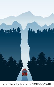 Highway drive with beautiful mountain spruce forest landscape, road through the canyon. Highway drive adventure travel Summer driving. Mountains horizon. Vector cartoon style, isolated