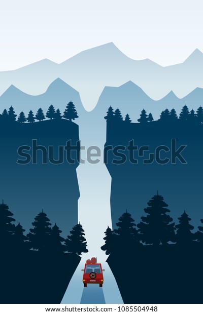 Highway\
drive with beautiful mountain spruce forest landscape, road through\
the canyon. Highway drive adventure travel Summer driving.\
Mountains horizon. Vector cartoon style,\
isolated