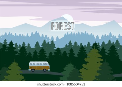 Highway drive with beautiful spruce forest landscape. Highway drive adventure travel Summer driving. Mountains horizon. Vector cartoon style, isolated