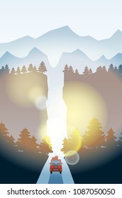 Highway drive with beautiful spruce forest landscape. Highway drive adventure travel Summer driving. Mountains horizon. Vector cartoon style, isolated