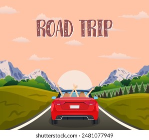 highway drive with beautiful sunrise landscape. Travel road car view. happy free couple in car driving with arms raised. vector illustration in flat design