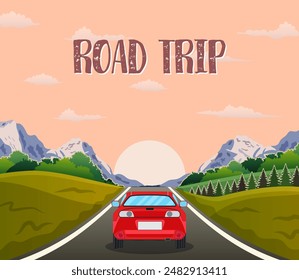 highway drive with beautiful sunrise landscape. Travel road car view. mountains horizon. vector illustration in flat design