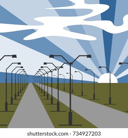Highway drive with lights on both sides. Travel road to horizon under blue sky with sun and clouds. Vector illustration.