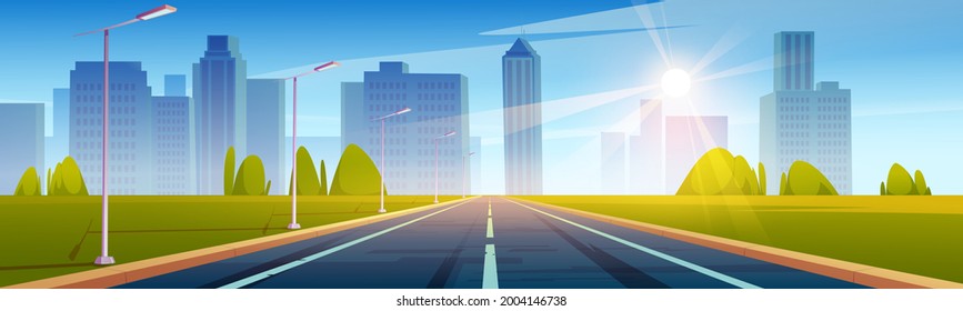 Highway, empty road to city with skyscraper buildings and modern houses. Two-lane asphalted way perspective view with street lamps and green field by sides, urban cityscape Cartoon vector illustration