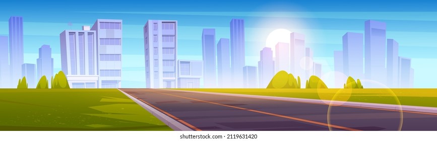 Highway, empty road to city with skyscraper buildings and modern houses. Two-lane asphalted way perspective view and green field by sides and flare effect, urban cityscape, Cartoon vector illustration