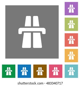 Highway flat icon set on color square background.