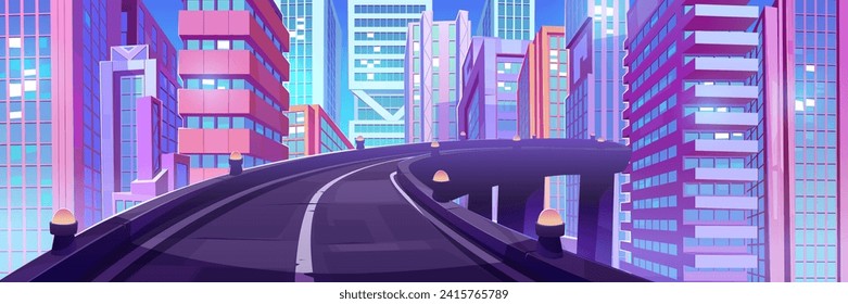 Autobahnübergang in der modernen Stadt. Vektorgrafik-Illustration von Brückenübergang auf futuristischem Stadtraum-Hintergrund, Straße zu modernen Wolkenkratzern, Hintergrund von Cyberpunk-Spielen, Verkehrsinfrastruktur