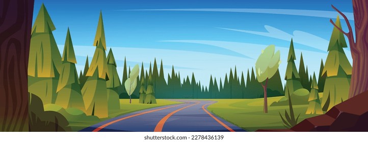 Highway in Wald Vektorlandschaft. Cartoon Road Tour durch die Aussicht auf Baum und Gras Hintergrund. Blauer Himmel an sonniger Tageslandschaft. Asphalt Wicklung in der Nähe schönen grünen Feld.