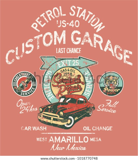 Highway gasoline station service and repair, \
vector print for boy shirt with embroidery patches  grunge effect\
in separate layer