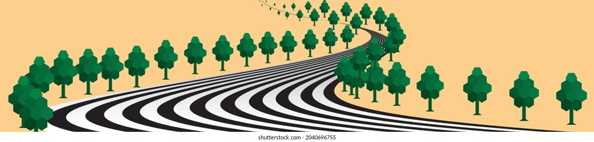 Highway going through the field and trees along the road. Horizontal banner. Vector illustration 