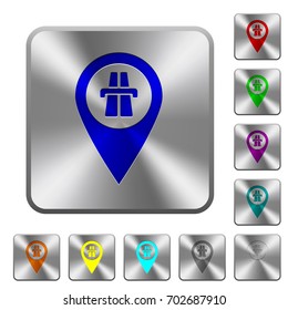 Highway GPS map location engraved icons on rounded square glossy steel buttons