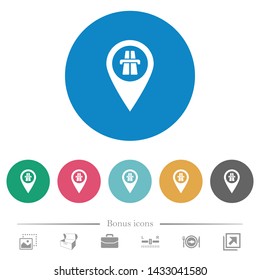 Highway GPS map location flat white icons on round color backgrounds. 6 bonus icons included.