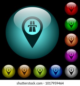 Highway GPS map location icons in color illuminated spherical glass buttons on black background. Can be used to black or dark templates