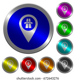 Highway GPS map location icons on round luminous coin-like color steel buttons
