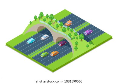 Highway and green crosswalk bridge for animals above the road. Vector isometric 3D illustration. Save environment and ecology concept. Modern road junction construction.