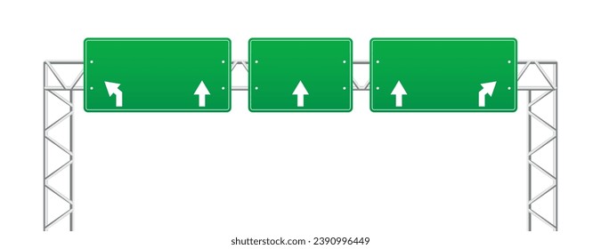 Highway green road signs, blank signage boards on steel poles for pointing city traffic direction, empty panels with white guide arrows. Realistic blank traffic control signs. Vector illustration