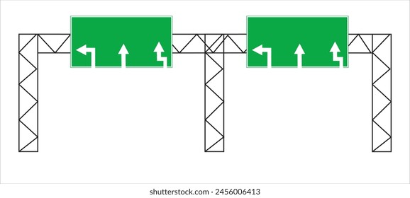 Highway green road signs, blank signage boards on steel poles for pointing city traffic direction, empty panels with white guide arrows. Realistic blank traffic control signs. Vector illustration.