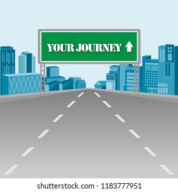 Highway and green signage with buiding on blue sky background.