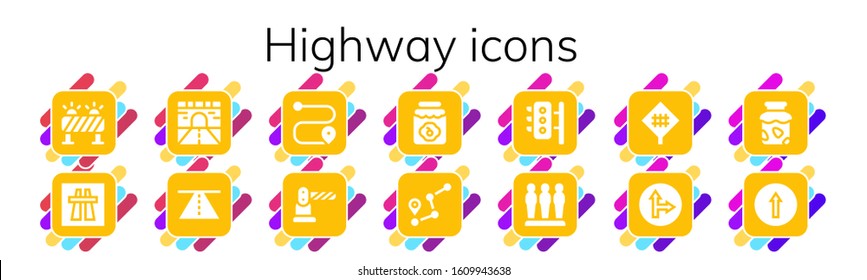 highway icon set. 14 filled highway icons.  Simple modern icons such as: Barrier, Motorway, Road, Route, Jam, Traffic lights, Road sign, Traffic signal