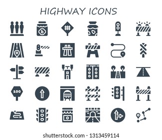 highway icon set. 30 filled highway icons.  Collection Of - Barrier, Jam, Road sign, Traffic light, Road, Motorway, Route, Semaphore, Street, Traffic signal, Tunnel, Traffic lights