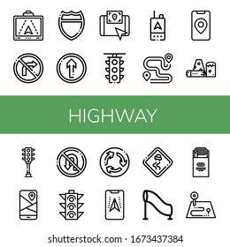 conjunto de iconos de la autopista. Colección de Gps, Sin Giro a la derecha, Carretera, Vía Recta, Luz de Tráfico, Ruta, Obstáculo, Sin Giro, Rotonda, Carretera Slippery, Túnel, Iconos Jam