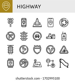 highway icon set. Collection of Gps, Road sign, Traffic cone, Roundabout, No turn right, Traffic light, Traffic sign, Obstacle, Highway, Straight, Loose gravel, No overtaking icons