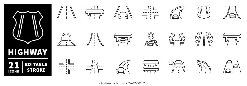 Highway icons set. editable line icons, outline, road and traffic symbols