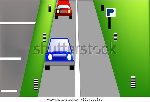highway illustration, on the highway red and blue\
cars, a green lawn along the roadsides, a parking sign and a\
parking zone on the\
left,